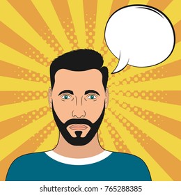 Pop art male portrait with blank speech bubble. Comic man at sunburst background with dot halftone effect. Vector illustration.