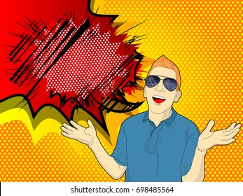 Pop Art man with abstract speech bubble - comic book style, cartoon vector illustration.
