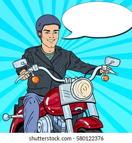 Pop Art Man Biker Riding a Chopper. Vector illustration