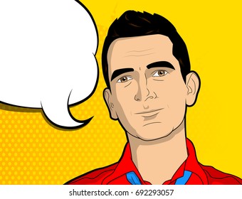 Pop Art man with blank speech bubble - comic book style, cartoon vector illustration.