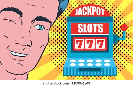 Pop art man with casino slot machine. Retro vector illustration