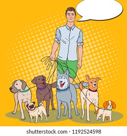 Pop Art Man Dog Walker. Vector illustration