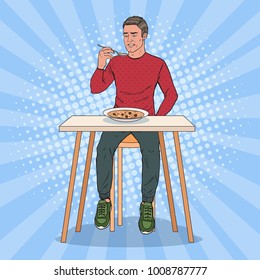 Pop Art Man Eating Soup with Disgusting Face. Tasteless Food. Vector illustration