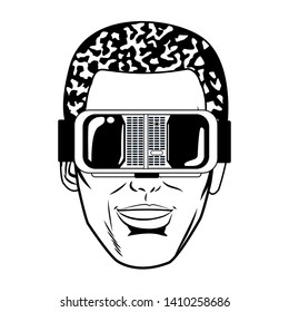 Pop art man excited face with virtual reality glasses technology