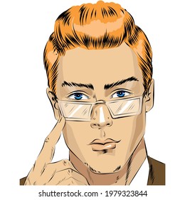 Hombre de arte pop en anteojos ilustración vectorial en blanco