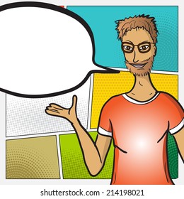 Pop Art man Face with Comic Speech Bubble