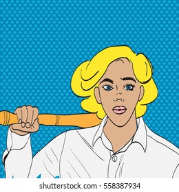 Pop art man face with an open mouth and big bulging eyes with besbolnoy bat. in comic style. Vector illustration.