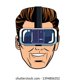 Pop art man face with virtual reality glasses