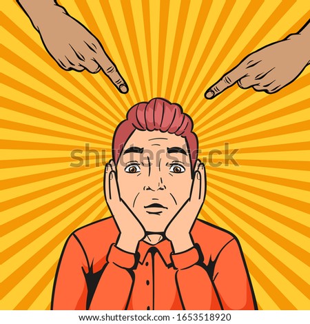 Pop art man guilty thief or robber with pointing hands on him vector comic illustration. Pop art retro comics cartoon kitsch drawing of shame, guilt and pity on yellow background.