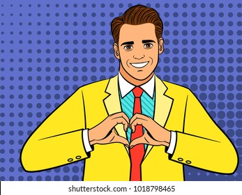 Pop art man with heart hand sign. Retro comic man with i love you gesture vector illustration