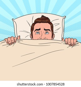 Pop Art Man Hiding in Bed. Scared Guy Peeps Up Under the Blanket. Vector illustration