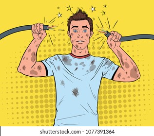 Pop Art Man Holding Broken Electrical Cable after Domestic Accident. Funny Dirty Electrician. Vector illustration