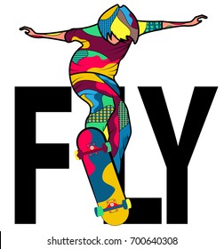 Pop art man jumping and ollie with skateboard for t-shirt design and print