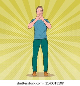 Pop Art Man Making Fake Smile with Her Fingers. Positive Facial Expression. Vector illustration