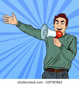 Pop Art Man with Megaphone Promoting Big Sale. Vector illustration
