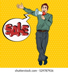 Pop Art Man with Megaphone Promoting Big Sale. Vector illustration