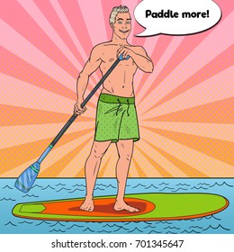 Pop Art Man Paddling on Stand Up Paddle Board. SUP Watersport on the Sea. Vector illustration