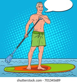 Pop Art Man Paddling on Stand Up Paddle Board. SUP Watersport on the Sea. Vector illustration