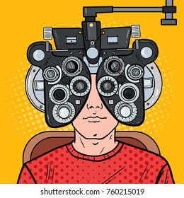 Pop Art Man Patient At Optometric Clinic With Optical Phoropter. Eye Exam. Vector Illustration