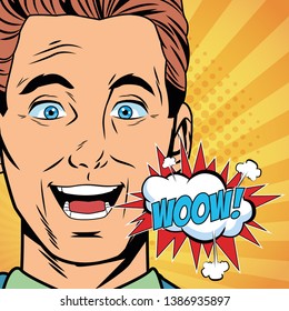 Pop art man saying woow face cartoon