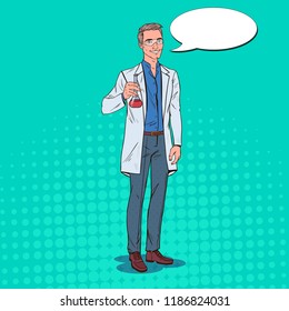 Pop Art Man Scientist with Flask. Male Laboratory Researcher. Chemistry Pharmacology Concept. Vector illustration