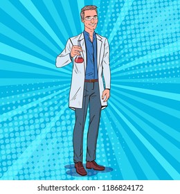 Pop Art Man Scientist with Flask. Male Laboratory Researcher. Chemistry Pharmacology Concept. Vector illustration