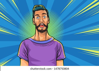 pop art man screams in horror, panic face.Shocked hipster bearded American businessman with comic cloud.scared male businessman. 