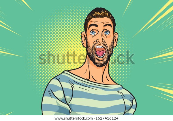 pop art man screams in horror, panic face.Shocked hipster bearded