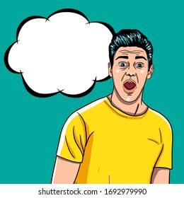 Pop Art Man with shocked facial expressions. Surprised man in a comic style.