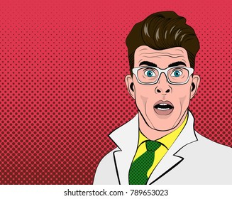 Pop art man. Shocked scientist. Vector illustration.