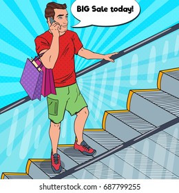 Pop Art Man With Shopping Bags Talking On The Phone. Vector Illustration