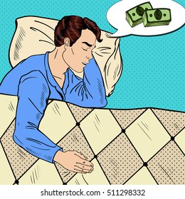 Pop Art Man Sleeping in Bed and Dreaming about Money. Vector illustration