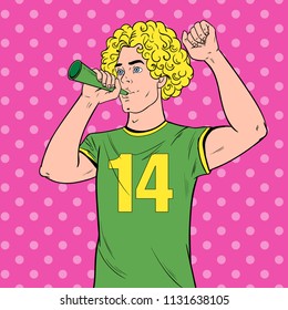 Pop Art Man Soccer Fan with Horn Supporting his Favorite Team. Football Supporter with Vuvuzela. Vector illustration