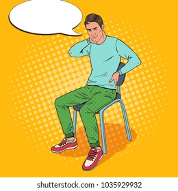 Pop Art Man Suffering from Backache and Neck Pain Sitting on the Chair. Guy Feeling Unwell. Vector illustration