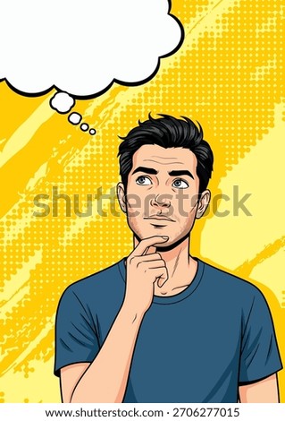 Pop Art Man Thinking with Thought Bubble. Retro Comic Style Guy with Dark Hair Looking Up. Vector Illustration for Idea and Decision.