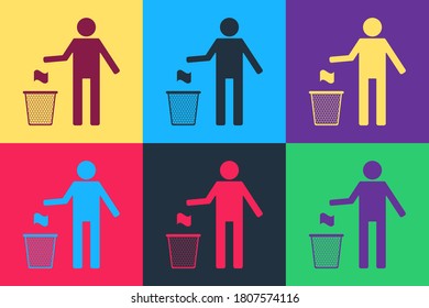 Pop art Man throwing trash into dust bin icon isolated on color background. Recycle symbol. Trash can sign. Vector.