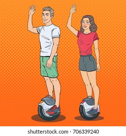 Pop Art Man and Woman Riding Solowheel. Self-Balancing Electric Scooter. Vector illustration