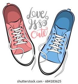 Pop art man woman sneakers legs, foot wear, shoelace romantic card. Philosophy lettering love comic text phrase. Cartoon colored sketch vector illustration. Funny Valentines Day casual style.