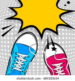 Pop art man woman sneakers legs, foot wear, shoelace romantic card. Comic book text speech bubble, balloon for phrase. Cartoon colored sketch vector illustration. Funny Valentines Day casual style.