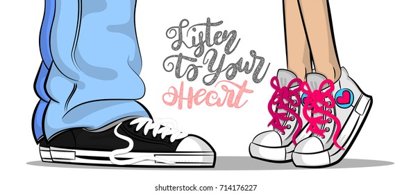 Pop art man woman sneakers legs blue jeans shoelace stay kiss romantic. Philosophy lettering love comic text phrase. Cartoon colored sketch vector illustration. Funny Valentines Day casual style.