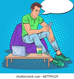 Pop Art Man Working with Laptop and Smartphone in Coffee Shop. Vector illustration