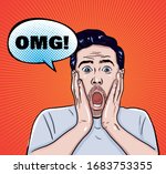 Pop art man with wow face holding hands near cheeks. Sale or discount advertising poster with a surprised man and speech bubble.