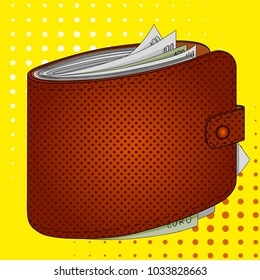 Pop art mans purse full of money. Euro income, wealth vector illustration. Imitation comic style