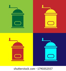 Pop art Manual coffee grinder icon isolated on color background.  Vector Illustration