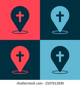 Pop art Map pin church building icon isolated on color background. Christian Church. Religion of church.  Vector