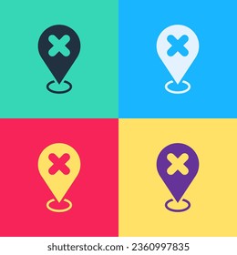 Pin Mapa de arte pop con icono de marca cruzada aislado en el fondo de color. Navegación, puntero, ubicación, mapa, gps, dirección, lugar, brújula, concepto de búsqueda.  Vector