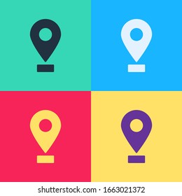 Pop art Map pin icon isolated on color background. Navigation, pointer, location, map, gps, direction, place, compass, search concept.  Vector Illustration