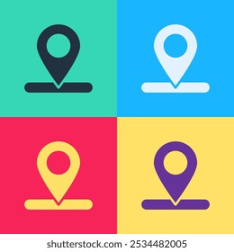 Pop art Map pin icon isolated on color background. Navigation, pointer, location, map, gps, direction, place, compass, search concept.  Vector Illustration