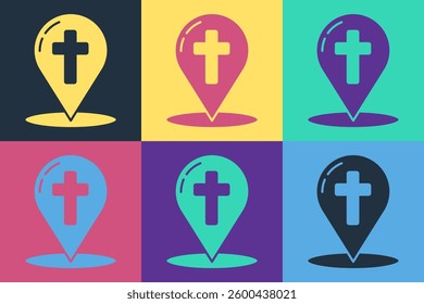 Pop art Map pointer with christian cross icon isolated on color background.  Vector Illustration