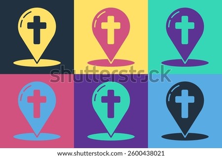 Pop art Map pointer with christian cross icon isolated on color background.  Vector Illustration